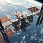 Űrállomás a Föld felett, napkollektorokkal és űrkörnyezetben.