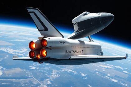 Űrsikló az űrben, látványos háttérrel és hajtóműveivel.