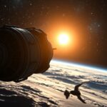 Űrszonda a Föld fölött naplementében az űr felfedezése során.