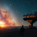 Férfi egy űrtávcső előtt az éjszakai égbolttal és galaxisokkal