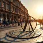 Napórusos óra a városban, naplemente fényében