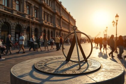 Napórusos óra a városban, naplemente fényében