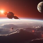 Űrhajó az űrben, bolygók és hegyek a háttérben