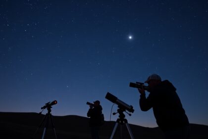 Két amatőr csillagász távcsővel nézi az ég csillagait éjszaka
