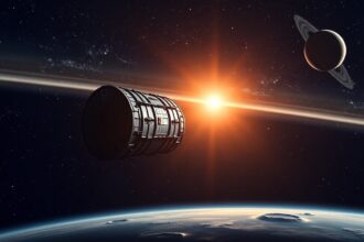 A Voyager 1 űrszonda a Szaturnusz gyűrűi előtt a világűrben.