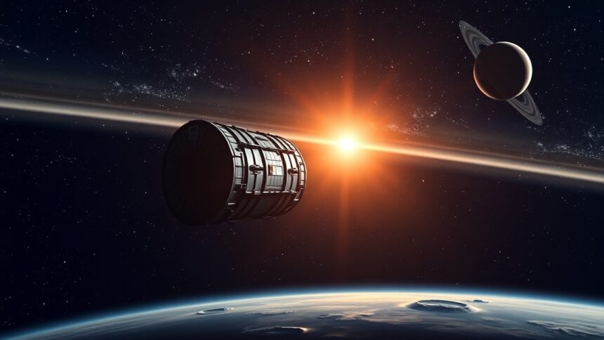A Voyager 1 űrszonda a Szaturnusz gyűrűi előtt a világűrben.