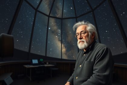 Egy csillagász a csillagászati obszervatórium belsejében, csillagokkal teli égbolt alatt.