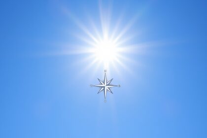 Fénylő nap és iránytű az égen, a zenit szimbóluma.