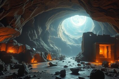 Belső földi objektumok bemutatása egy barlangban, gyertyák világítanak.