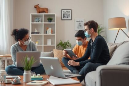 Három fiatal, akik maszkban ülnek a kanapén és elektronikai eszközöket használnak