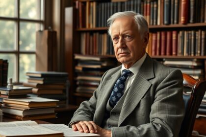 Robert Woodrow Wilson csillagász könyvek között ülve, néz a kamerába.