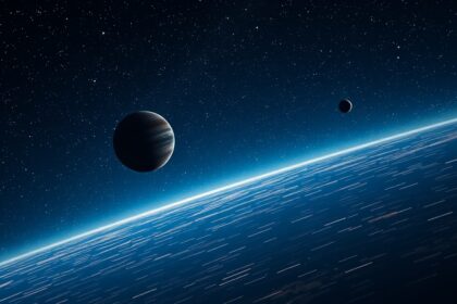 Két bolygó az űrben, a háttérben csillagokkal és a Földdel.