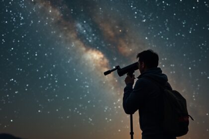 Csillagász a teleszkóp mögött az éjszakai ég alatt