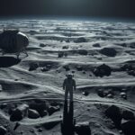 Űrhajós áll a Hold felszínén, Prometheus űrhajó a háttérben.