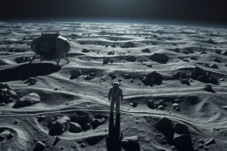 Űrhajós áll a Hold felszínén, Prometheus űrhajó a háttérben.