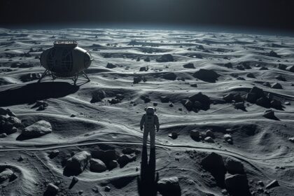 Űrhajós áll a Hold felszínén, Prometheus űrhajó a háttérben.