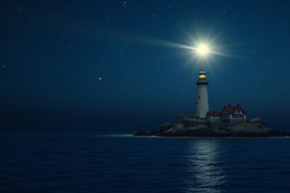 Világítótorony éjszaka, amely reményt és iránymutatást szimbolizál.