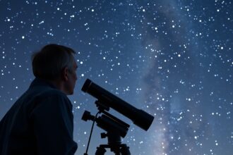 Csillagászati távcsővel a csillagok felé néző személy