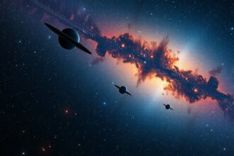 Csillagközi űr látképe gyűrűs bolygókkal és galaxisokkal