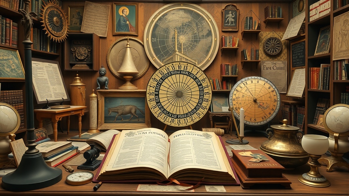 Régi naptárrendszerek és időszámítás eszközei egy könyvtári környezetben.