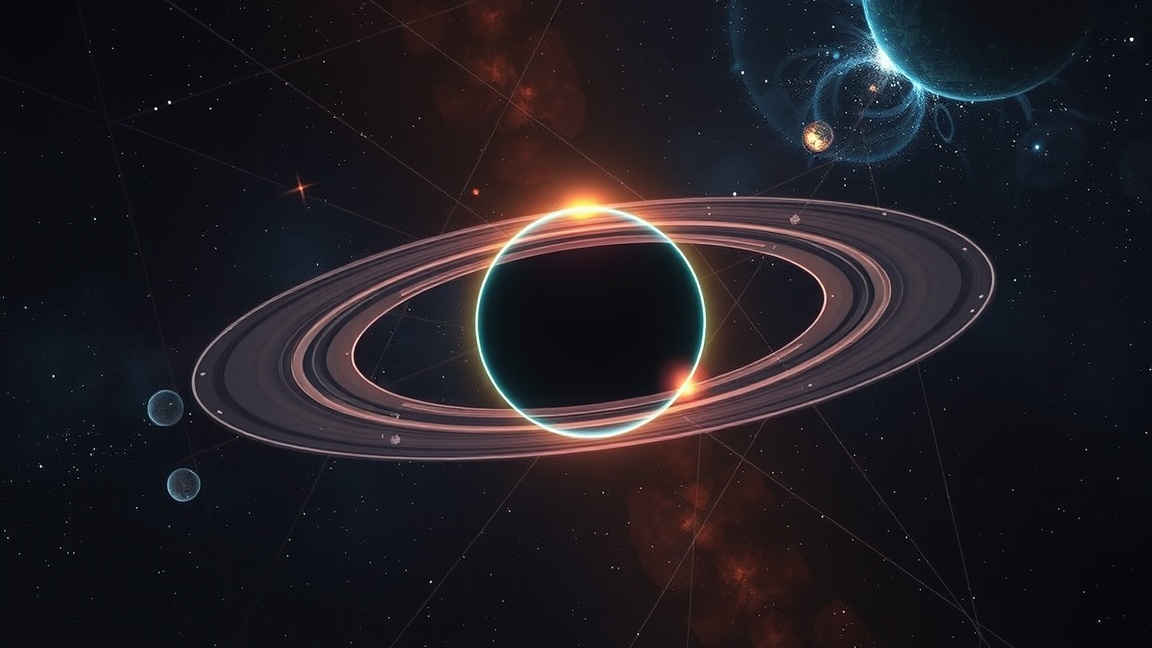 Solar system representation with a ringed planet and stars