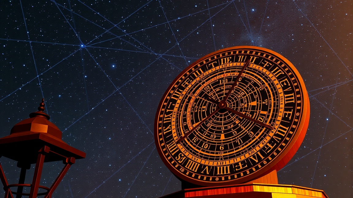 Csillagászati óra a csillagok között, éjszakai égbolt alatt.