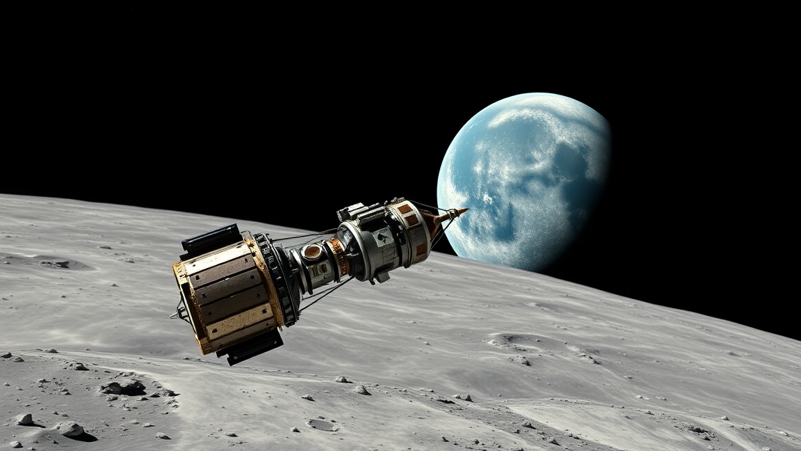 Lunar Orbiter űrszonda a Hold felszíne felett, háttérben a Földdel.