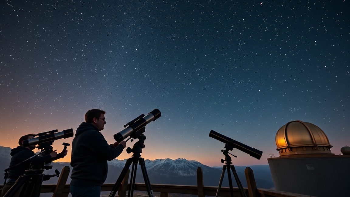 Csillagászati megfigyelés teleszkópokkal a csillagos ég alatt.