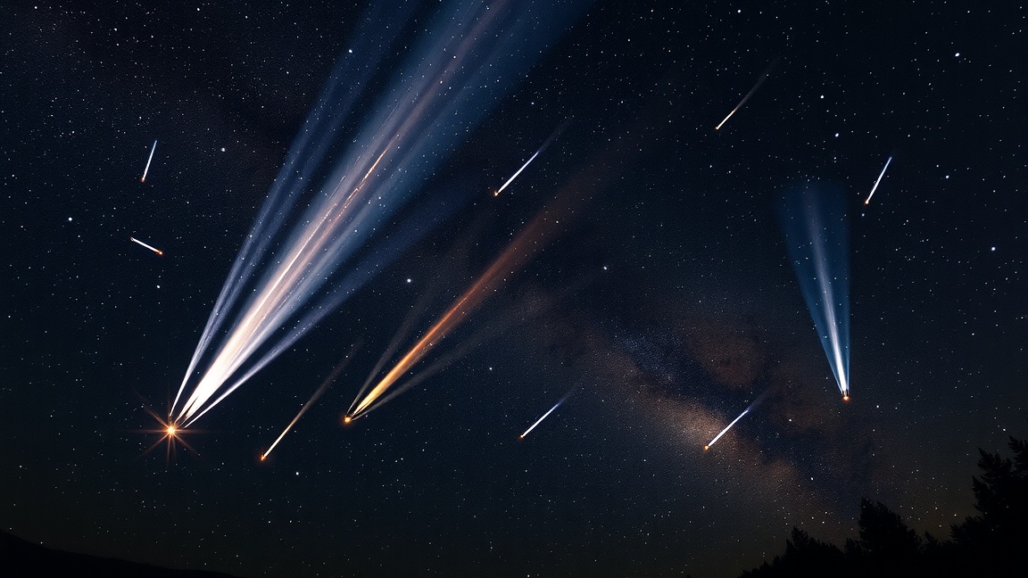 Színpompás meteorok csillagok között az éjszakai égbolton.
