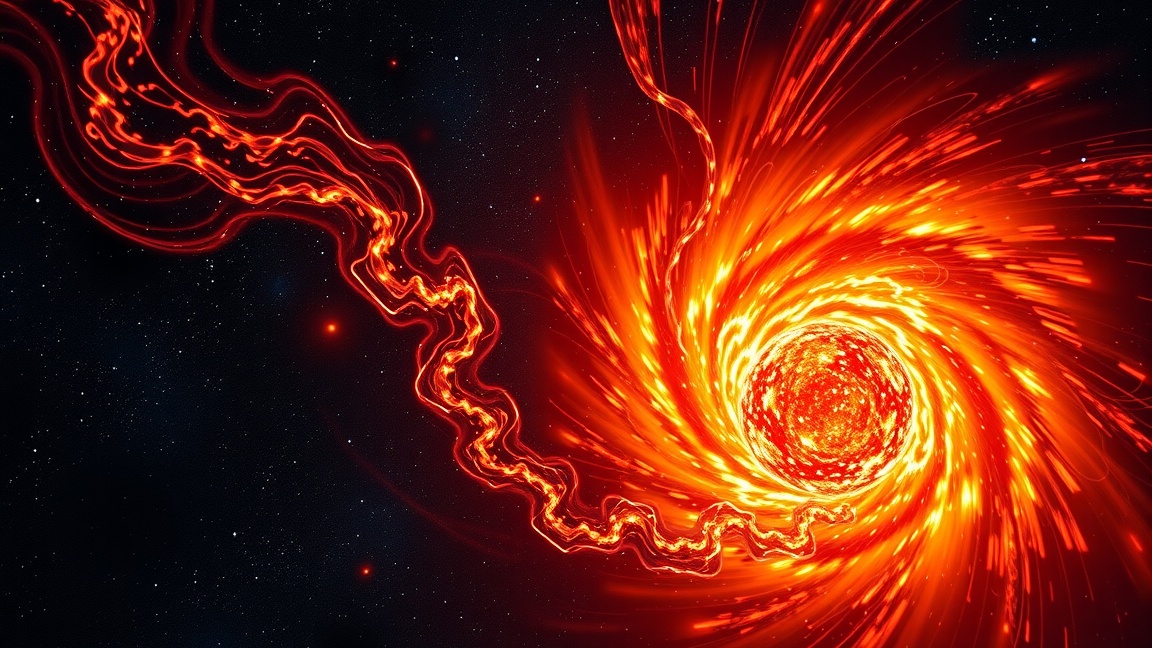 Egy neutroncsillag és a körülötte lévő forró plasmaszálak illusztrációja.