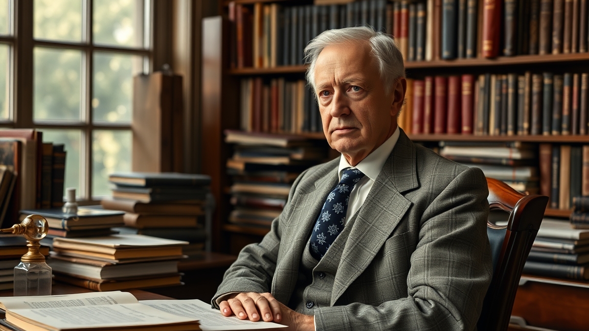 Robert Woodrow Wilson csillagász könyvek között ülve, néz a kamerába.